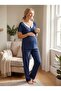 New Season Navy Blue Polka Dot Lace Detailed Buttoned Design Short Sleeve 100% Cotton Maternity Maternity Dressing Gown Pajama Set - 6