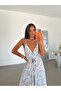 Patterned V-Neck Strappy Dress - Blue - 5