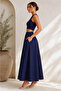 Women's Navy Blue Cotton Poplin Lined Pocketed Pinterest Maxi High Waist Loose Skirt Solid Color - 2