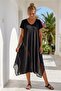 Black V-Neck Short Sleeve Mesh Detailed Lycra Combed Cotton Fabric Casual Cotton Knitted Dress 123 55 - 5