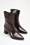 Bitter Brown Matte Patent Leather Women's Heeled Boots Pointed Toe Thick Heel Side Zipper - 3