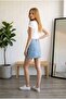New Without Slits Ice Blue Color Denim Short Jeans Skirt with Pockets - 2