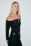Solorya Women's Stretchy Fabric Off-The-Shoulder Black Blouse with Buckle Detail - 2