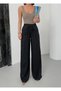 Women's Black Palazzo Trousers with Elastic Waist, Lace-Up, Pockets, Wide Legs, Long - 4