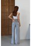 Women's Gray Wide Leg Jean Trousers with Low Waist and Reverse Belt Detail - 5