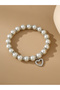 White Pearls and Rhinestone Embellished with Heart Charm Bracelet - 3
