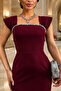 Burgundy Stone Detail Thick Strap Square Neck Slit Crepe Fabric Dress - 2