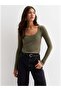 Women'S, Khaki Color, Long Sleeve, Deep Pool Neck Blouse, Ribbed Camisole Fabric - 2