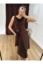 Women's Brown Asymmetrical Collar Belted Ring Buckle Suede Look Midi Dress