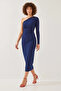 Women's One-Shoulder Gathered Long Navy Blue Dress - 3