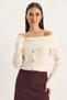 Women's Boat Neck Button Detailed Knitwear Cream Sweater - 5