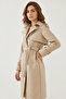 Women's Front Detail Leather Trench Coat Beige - 2