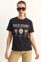 Women's Nice Story Text and Embroidery Detailed Relaxed Fit t Shirt Black