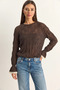 Women's Openwork Crew Neck Flounce Sleeves Lightweight Flowy Knitwear Coffee Sweater - 2
