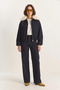Women's Mobile Faux Fur Collar Lined Denim Bomber Jacket with Pocket Detail Navy Blue Jacket and Trousers Set