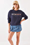 Women's Three Threaded Yarns Colorful Heart Printed Navy Blue Sweatshirt - 6