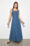 Women's Wide Collar Strap Belted Flared Denim Blue Dress - 4