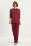 Women's Crew Neck Long Sleeve Top Ribbed Elastic Waist Loose Burgundy Pants Set - 3