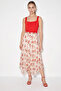 Women's Lined Elastic Waist Floral Patterned Asymmetrical Cut Crush Effect Chiffon Skirt De Red