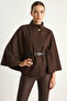 Women's Gold Button Detailed Belted Poncho Brown - 2