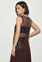 Women's Asymmetrical Cut Sequin Detailed Mesh Bitter Brown Blouse - 5