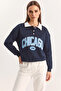 Women's Polo Collar Chicago Printed Three-Thread Ribbed Navy Blue Sweatshirt - 2