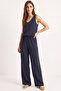 Women's V-Neck Strap Blouse with Palazzo Pants Navy Blue Bottom-Top Set - 2