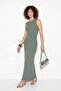 Women's Stone Embellished Crew Neck Thick Strap Ribbed Wrap Maxi Mint Green Dress - 4