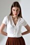 Women's V-Neck Buttoned Short Sleeve Ecru Crop Blouse - 4