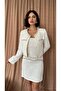 Women's White Pearl Striped Short Jacket and Dress Set - 2