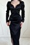 Black Satin Dress with Bust Cup and Slit Detail - 2