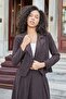 Women's Stretchy Velvet Fabric Collared Long Sleeve Double Breasted Wrap Short Office Jacket - Coffee - 5