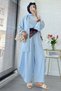 Premium Shawl Collar Shalwar Cut Linen Trousers Set - Blue - 3