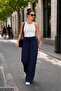 Women's Ribbed Wide-Leg Trousers – Elastic Waist, Loose, Comfortable, Soft Textured Pants, Navy Blue - 7