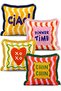 Retro Text and Heart Figured Wavy Striped 4-Piece Fringed Throw Pillow Cover Set