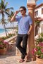 Blue and White Gradient Striped Linen Summer Loose Fit Notched Collar Relaxed Cut T-Shirt Shirt - 4