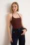 Brown Plain Fitted Halter Neck Spaghetti Strap Sleeveless P Cotton U E Stretchy Knitted Undershirt Twoss26Al00067