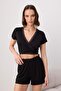 Black Double Breasted Lace Detailed Viscose Knitted Pajama Set Thmss26Pt00228