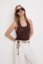 Brown Plain Fitted/Body-Fitting Button Detailed Halter Neck Knitted Athlete Top Twoss26Al00104 - 2
