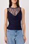Navy Blue Regular/Normal Fit Degaje Collar Sleeveless Lace Detailed Stretchy Knitted Blouse Twoss26Bz00826 - 3