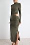 Haki Cut Out Detaylı Shift/Düz Kesim Maxi Örme Elbise TPRAW24EL00297 - 3