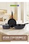 4pcs Non-Stick carbon steel Cookware Set RF13173 24x9 cm casserole (3.15L) with lid for curries and stews, a 24x4.3 cm frypan (1.55L) for frying and sautéing, and a 32x9.5 cm wok pan (5.2L)