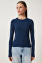 Women's Ecru Navy Blue 2-Pack Crew Neck Basic Knitted Blouse with Finger Loop Detail Cr00440 - 3