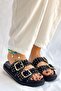 Manolya Black Trop Detail Suede Women's Slippers