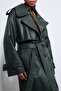 Khaki Textured Faux Leather Trench Coat - 5