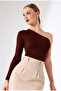 Women's Brown One Shoulder Long Sleeve Women's Blouse