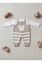Striped Knitwear Baby Salopet Jumpsuit with Teddy Bear Motif / Gift Set with Combed Cotton Bodysuit
