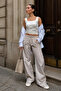 Beige Gingham Wide Leg Women's Trousers Mg2335