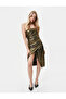 Strapless Dress Shiny Draped Leaf Textured Double Breasted Slit Midi Length - 2