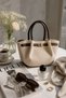 Women's Linen Hand and Shoulder Bag with Lock Detail - 2